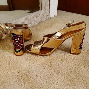 Size 10 GOLD and SNAKE 🐍 EMBROIDERED Strappy Heels